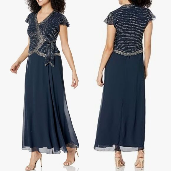 J Kara Navy Blue Silver Beaded Flutter Sleeve V-Neck Faux Wrap Maxi Dress 6 - Picture 1 of 11